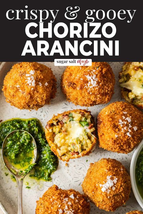 These Chorizo Arancini are little handfuls of Spanish inspired risotto, coated in breadcrumbs and deep fried to golden perfection. Risotto Fritters, Risotto Balls, Arancini Recipe, Cheesy Rice, Homemade Appetizer, Chorizo Recipes, Meat Appetizers, Easy Party Food, Dinner Party Recipes