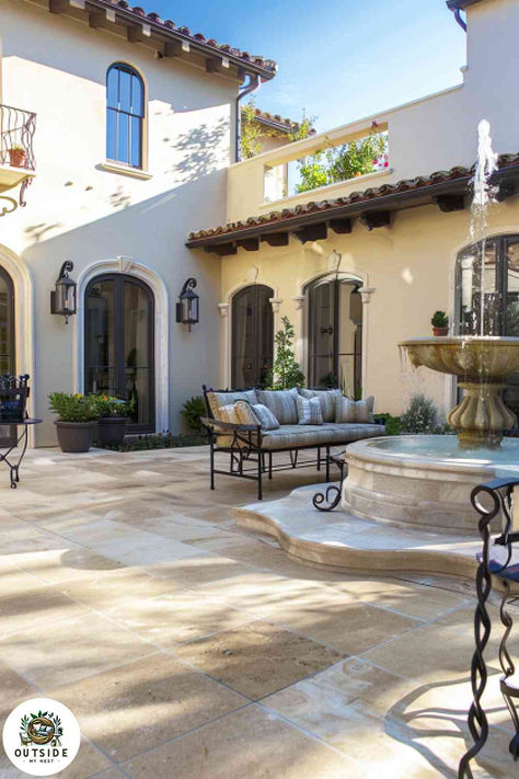 Transform your patio into an elegant retreat with travertine tiles. The fountain and wrought iron furniture add a luxurious touch. Tap to see more elegant patio tile ideas! 1920 Spanish Style Homes, Hacienda Exterior, Balcony Architecture, Spanish Interior Design, Spanish Exterior, Second Floor Balcony, Spanish Interior, Spanish Mission, Ranch Ideas