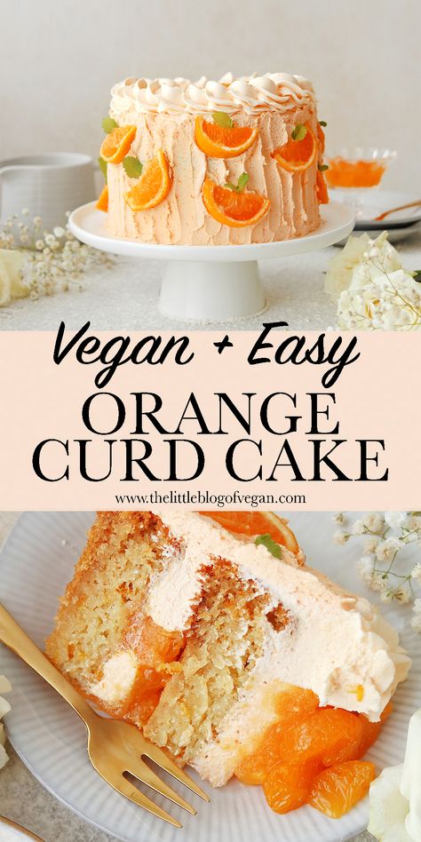 Vegan Orange Curd Cake - The Little Blog Of Vegan Vegan Orange Curd, Vegan Citrus Cake, Vegan Orange Desserts, Orange Cake Vegan, Vegan Layer Cake, Orange Curd Cake, Vegan Orange Cake Recipe, Vegan Tea Party, Vegan Orange Cake