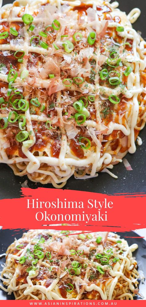 This Hiroshima Okonomiyaki is a twist on the traditional Japanese savoury pancake as it layers ingredients including yakisoba noodles and egg. Try cooking this dish! #okonomiyaki #japaneseokonomiyaki #japanesepancake #japanesefood #japanesedish #japaneserecipe Sukiyaki Recipe Japanese Food, Okonomiyaki Hiroshima Style, Hiroshima Style Okonomiyaki Recipe, Vegetarian Okonomiyaki, Okonomiyaki Hiroshima, Hiroshima Okonomiyaki, Japanese Pancake, Easy Japanese Recipes, Teriyaki Salmon