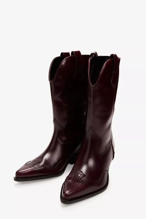 LEATHER COWBOY BOOTS - Burgundy Red | ZARA United Kingdom Women Heel Boots, Cowboy Ankle Boots, Burgundy Boots, Boot Style, Leather Cowboy Boots, Cowboy Style, Cardigan Sweater Dress, Leather Shirt, Cow Boy