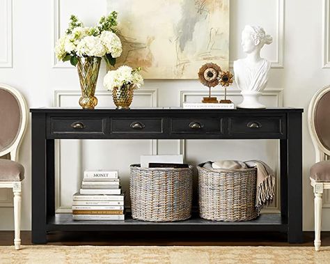 Black Entryway Table, Foyer Console Table, Sofa Table With Drawers, Table For Entryway, Rustic Entryway Table, Long Sofa Table, Long Console Table, Chic Sofa, Black Console Table