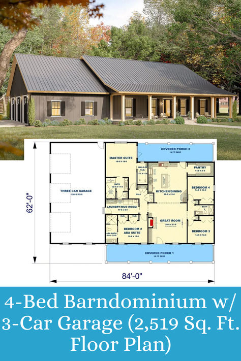 Explore this 4-bedroom barndominium featuring a 2,519 sq. ft. floor plan. The open-concept living area encourages a seamless flow between spaces, while the 3-car garage provides ample room for storage and convenience. A balanced design blending rustic style with modern functionality. 40 X 60 Barndominium Floor Plans 4 Bedroom, 4 Bedroom Barndominium Floor Plans With Shop, 4 Bedroom Barndominium Floor Plans, Barndominium House, Bedroom Barndominium, Balanced Design, Open Concept Floor Plans, Floor Plan 4 Bedroom, Barndominium Floor Plans