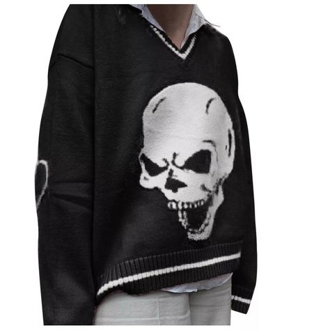 Korean Preppy Style, Korean Preppy, Loose Top, Skull Print, Loose Tops, Preppy Style, Women Long Sleeve, Varsity Jacket, Jumper