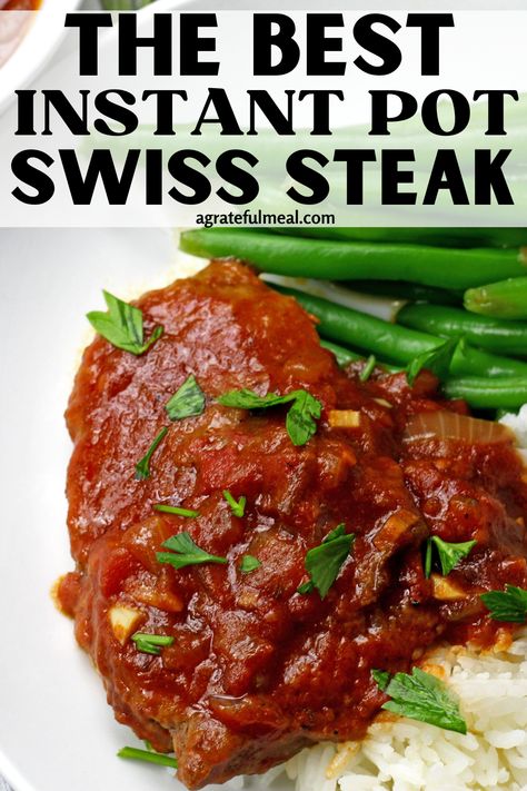 Looking for a simple and quick dinner idea? This Instant Pot Swiss Steak recipe made with cube steak, onion, garlic, and a blend of herbs and spices is the perfect solution! It's an easy dinner recipe that's both cheap and delicious, making it a go-to for quick and easy dinners. Beef Cutlet Recipes Instant Pot, Pressure Cooker Cubed Steak Recipes, Swiss Steak Pressure Cooker, Instant Pot Swiss Steak With Gravy, Instant Pot Filet Mignon Steak, Minute Steaks In Instant Pot, Instant Pot Beef Round Steak, Instapot Swiss Steak Recipe, Easy Cube Steak Recipes Instant Pot