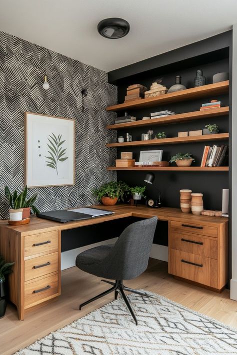 Home Office Ideas Basement, Office Cozy Design, Garage Home Office Ideas, Corner Home Office Ideas, Working Desk Design, Modern Cozy Interior Design, Office Decor Wallpaper, Scandi Home Office, Ikea Office Ideas