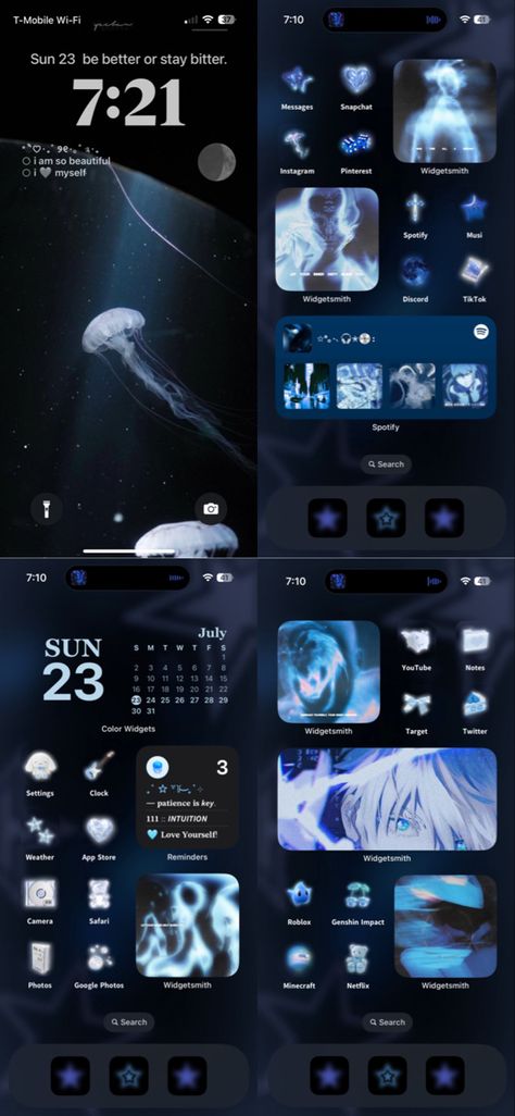 light dark blue white and black y2k stars cybercore homescreen home screen lockscreen ios 16 aesthetic aura vibe anime Dark Blue Ios Layout, Dark Blue Theme Phone, Dark Blue Homescreen Wallpaper, Cybercore Iphone Layout, Dark Blue Ios 16 Homescreen, Dark Blue Phone Layout, Iphone Design Ideas Aesthetic, Light Blue And Black Aesthetic, Dark Blue Homescreen Layout