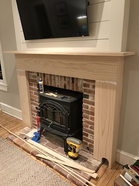 Mantel For Brick Fireplace, Add Surround To Brick Fireplace, Easy Fireplace Mantle Diy, How To Build Fireplace Surround, Heatilator Fireplace Remodel, Making A Faux Fireplace, Corner Diy Fireplace, How To Make Fireplace, How To Build A Mantel For Fireplace