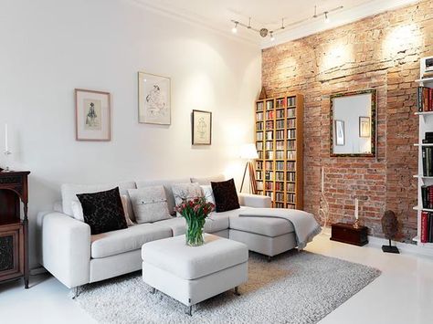 white paint colors and modern apartment ideas White Brick Wall Bedroom, White Brick Wall Living Room, Small Penthouse, Brick Wall Living Room, Brick Room, Brick Interior, Simple Interior Design, Home Decor Hacks, Contemporary Interior Design