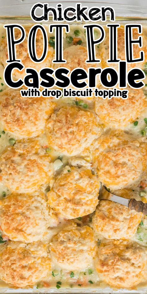 An easy twist on the classic chicken pot pie the entire family is sure to love. This easy chicken pot pie casserole with garlic cheddar drop biscuits is the perfect easy dinner recipe. Tender chicken and frozen vegetables in a creamy sauce topped with easy-to-make flaky biscuits is the ultimate comfort food. This easy chicken pot pie casserole recipe has all the flavors of a chicken pot pie but is made even easier! Chicken Pot Pie Casserole With Homemade Biscuits, Drop Biscuit Pot Pie, Chicken And Drop Biscuits, Chicken Pot Pie With Ground Chicken, Chicken Pot Pie With Homemade Biscuits, Biscuit Mix Chicken Pot Pie, Chicken Pot Pie Biscuit Casserole, Creamy Chicken And Biscuits Casserole, Chicken Pie Recipe Easy No Veggies