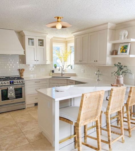 Kitchen eDesign Project: Before & After - eDesign Cream Tiled Kitchen Floor, White Kitchen With Beige Floor Tiles, Beige Kitchen Flooring Ideas, White Kitchen With Travertine Floors, Beige Tile Floor Kitchen Ideas, White Kitchen Cabinets With Tile Floor, Kitchen With Cream Tile Floor, Cream Tile Floor Kitchen, Kitchen With Tan Tile Floor