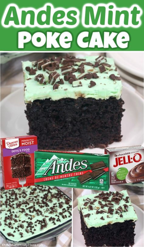 Andies Candies Cake, Andes Mint Chocolate Cake, Andes Cake Recipe, Mint Chocolate Poke Cake, Miraglaze Cake, Andes Chocolate Cake, St Patricks Day Cake Recipes, Mint Chocolate Dessert Recipes, St Patrick’s Day Poke Cake