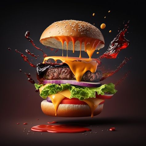 Premium Photo | 3d illustration of delicious burger flying ingredients creative design isolated on black background Vintage Inspired Art, Homemade Burgers, Gourmet Burgers, Cake Photography, Burger Bar, Food Poster Design, Beef Burgers, Delicious Burgers, Food Poster