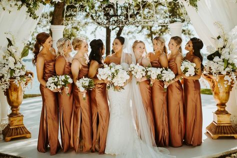 #bridesmaids #wedding #weddinginspiration #dustyrose #gold #ivoryweddingdresses #weddingphotography #weddingdecor #weddingflorals Gold And Cream Bridesmaid Dresses, Gold Bridsemaid Dresses, White And Gold Wedding Bridesmaid, Gold Bridesmaid Dresses Sposadresses, Golden Hues Bridesmaid, Gold Wedding Dress, Bridal Party Outfit, Ivory Wedding Dress, Wedding Table Settings