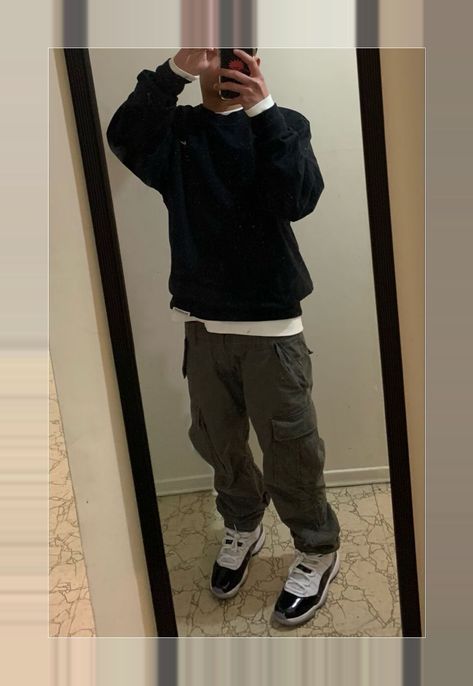 Nike Crewneck Outfit Men, Aj11 Outfit Men, Carhartt Cargos Outfits, Cargos And Crewneck, Jordan Bred 11 Outfits Men, Concord Bred 11 Outfit, Black Nike Crewneck Outfit, Black Carhartt Pants Outfit Men, Jordan 11 Concord Bred Outfit