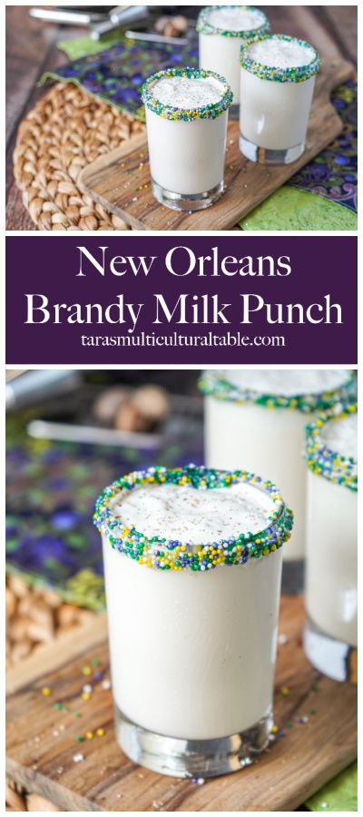 A recipe for New Orleans Brandy Milk Punch- Tara's Multicultural Table- This delicious cocktail brings together milk and cream with brandy, vanilla, and powdered sugar for an easy and fun drink. Brandy Drink Recipes, Mardi Gras Recipes Easy, Punch For A Crowd, Brandy Milk Punch, Milk Punch Recipe, Brandy Drink, Mardi Gras Drinks, Milk Punch, Brandy Cocktails