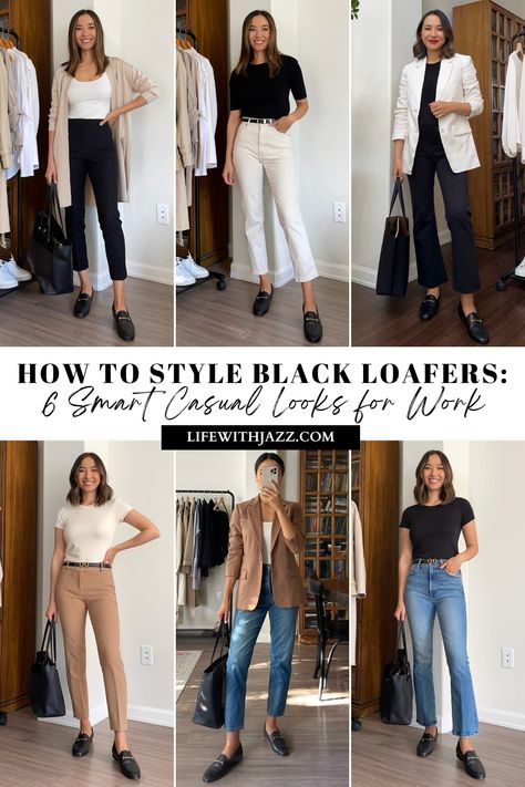 Today I'm sharing how to style black loafers six smart casual ways for work, with my go-to pair from Sam Edelman! Smart Casual Women Autumn, How To Style Black Loafers, Black Loafers Outfit Work, Style Black Loafers, Black Loafer Outfits Women, How To Style Loafers Women, Casual Loafers Outfit, Black Dress Pants Outfits, How To Style Loafers