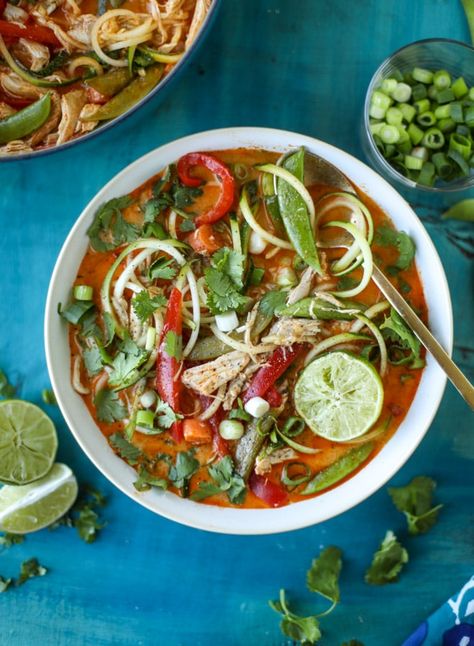 thai chicken zoodle soup I howsweeteats.com #chicken #soup #zoodles #zucchininoodles #coconutmilk Keto Thai Chicken, Soup With Zucchini, Thai Style Chicken, Dal Soup, Zoodle Soup, Chicken Zoodle, Spicy Asian Chicken, Whole30 Recipe, Thai Chicken Soup