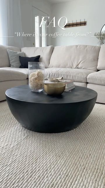 Decorate Black Coffee Table, Large Black Coffee Table, Black Round Coffee Table Decor, Black Coffee Table Aesthetic, Round Coffee Table Black, Black Circle Coffee Table, Black Coffee Table Living Room, Black Coffee Table Decor, Black Drum Coffee Table