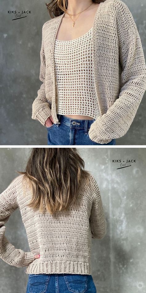 A woman wearing a cropped cardigan and jeans. Crochet Cardigan Free Pattern, Cardigan Free Pattern, Crochet Cardigan Free, Cardigan Au Crochet, Crochet Cardigan Pattern Free, Gilet Crochet, Crochet Patterns Free Beginner, Pull Crochet, Crochet Shawl Pattern Free