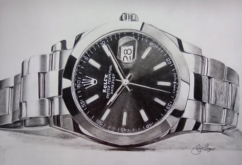 Watch how to draw realistic Rolex watch drawing Rolex Drawing, Pocket Watch Drawing, Watch Painting, Observational Drawings, Music Art Painting, Drawing Ideas Sketch, Watch Sketch, Hyperrealistic Drawing, Collage Decor