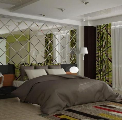 bedroom decor beveled mirror tiles accent wall decoration behind headboard Beveled Mirror Wall, Modern Mirror Design, Tiles Bedroom, Tile Bedroom, Tile Accent Wall, Casa Clean, Wall Paneling Diy, Mirror Headboard, Interior Tiles