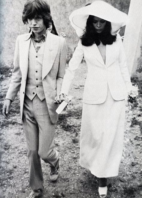 Mick and Bianca Jagger - 30 Most Iconic Celebrity Weddings of All Time… Dressed In White, Bianca Jagger, Celebrity Wedding Dresses, Iconic Weddings, Top Celebrities, Keith Richards, Mick Jagger, Designer Wedding Dresses, Wedding Suits