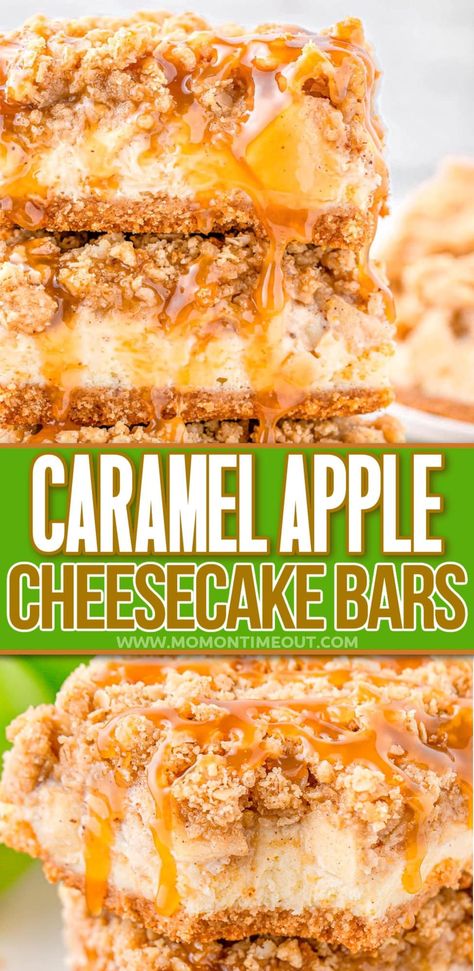 These Caramel Apple Cheesecake Bars are the perfect treat for fall! Layers of graham cracker crust, creamy cheesecake, sweetly spiced apples all topped with the perfect crumb topping. This easy apple dessert is perfect for fall, Thanksgiving and Christmas!  A dessert you are sure to “fall” in love with! // Mom On Timeout Apple Bars Easy, Carmel Apple Cheesecake Bars, Caramel Bars Recipe, Apple Crumb Bars, Graham Cracker Dessert, Caramel Cheesecake Bars, Cracker Dessert, Apple Cheesecake Bars, Caramel Apple Cheesecake Bars