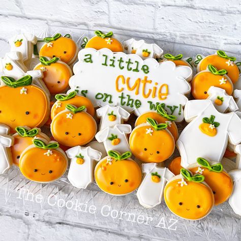 Orange Cutie Cookies, Clementine Cookies Decorated, Orange Royal Icing Cookies, Cutie Cookies Ideas, Little Cutie Cupcakes, Orange Cookies Decorated, Little Cutie Cookies, A Little Cutie Is On The Way Cookies, Two Cuties Baby Shower Ideas