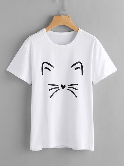 Tee-shirt imprimé du chat T Shirt Painting, T Shirts White, Diy Vetement, Winter Shirts, Cat Tee, Leggings Casual, Cartoon T Shirts, Diy Shirt, Print Tee