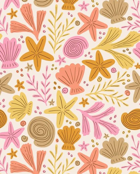 Starfish, seashells and warm sandy tones for @spoonflower A Trip to the Beach Challenge 🐚⛱️ This design is now available for sale and more colorways are on the way 😊❤️ . . . #printdesign #fabricprint #textiledesign #textileart  #surfacedesigner #patterndesigner #textiledesigner #artlicensing #coastal #coastalstyle #beach #summer #starfish #seashell #beachwear #kidswear #kidspattern Calm Graphic Design, Australian Prints, Seashell Illustration, Beach Pattern, Earring Inspo, Surface Patterns, Summer Illustration, Print Design Pattern, Stationary Design