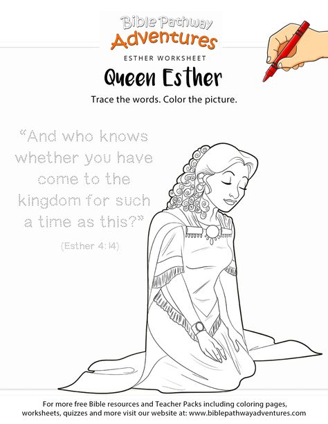 Esther Bible copywork and coloring page. Printable Esther Bible activity for Homeschoolers, Sunday School and Sabbath School students, teachers and parents. Esther Coloring Page, Adventurers Club, Sunday School Worksheets, Printable Bible Activities, Esther Bible, Toddler Bible, Sunday School Coloring Pages, Bible Worksheets, Bible Teaching