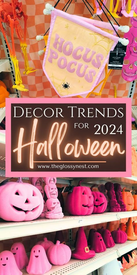 2024 halloween home decor trends pink Colorful Outdoor Halloween Decor, Halloween Decor Trends 2024, Classy Halloween Yard Decor, Cute Indoor Halloween Decor, 2024 Halloween Decor Trends, Michaels Halloween 2024, Halloween Decor 2024 Trends, Halloween Decor Theme Ideas, Halloween Decorations 2024