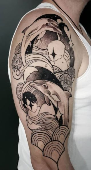 Dolphin Tattoo Sleeve, Dolphin Sketch Tattoo, Dolphin Sleeve Tattoo, Traditional Dolphin Tattoo, Tattoos Dolphin, Tattoo Dolphin, Dolphin Tattoo Design, Dolphin Tattoos, Beach Inspired Tattoos