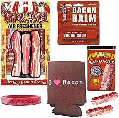 Amazon.com: Bacon Bonanza Sampler Gift Pack (5pc Set) - Bacon Bandages, Air Freshener, Lip Balm, I Heart Bacon Can Cooler & I Love Bacon Silicone Wristband : Health & Household Heart Bacon, Bacon Gifts, Gift Pack, Gift Packs, Can Cooler, Fix You, Air Freshener, Christmas Ideas, Lip Balm