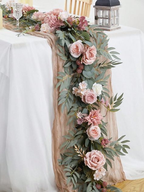 Long Time Preserved:The artificial material makes sure it could be kept for a long time. The Eucalyptus Garland will also be a wonderful gift to express your bless to bride and bridesmaid in their wedding ceremony or reception.  Wide Applications - This hand-made artificial flower garland enables you to create any romantic atmosphere, and it is suitable for many scenes. They can be flower decorations for parties, wedding decorations for tables and wedding arches, parties, centerpieces, gardens, Table Garland With Flowers, Blush Pink And Sage Green Wedding, Backdrop Decorations For Wedding, Head Table Decor Wedding, Wedding Table Decorations Pink, Arch Flowers Wedding, Garland With Flowers, Sweetheart Table Centerpiece, Head Table Wedding Decorations