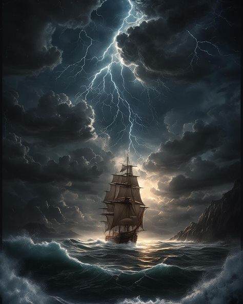 Let the raging sea guide you through the storm ⚡️ #ship #sailing #storm #waves #night #clouds #lightning #sea #realistic #dynamic #high #range #aiart Ghost Ship Art, Pirate Ship Art, Navi A Vela, Old Sailing Ships, Christian Canvas, Beautiful Ocean Pictures, Ocean Pictures, Ship Paintings, Stormy Night