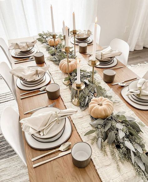 9 Thanksgiving Tablescape Ideas - Lauren Erro Thanksgiving Table Farmhouse, Fall Table Set Up Ideas, Thanks Giving Dinner Table Setting, Crate And Barrel Table Setting, Fall Dining Table Decor Ideas Modern, Eucalyptus Thanksgiving Table, Thanksgiving Dinner Table Set Up, Table Setting With Bowls, Dining Table Decor Thanksgiving