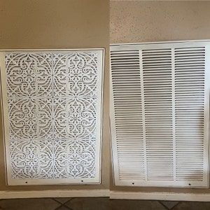 Ac Return Vent Cover Diy, Return Vent Cover Ideas, Air Intake Cover Ideas, Thermostat Cover Ideas, Vent Covers Diy, Air Return Vent Cover, Wall Vent Covers, Return Air Vent, Thermostat Cover