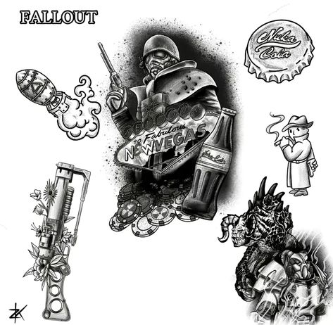 Fallout Tattoo Flash, Fallout New Vegas Tattoo, Fallout Tattoo Ideas, Fallout 4 Tattoos, Fallout Tattoo, Metallica Tattoo, Nerd Tattoos, Warrior Tattoo Sleeve, Zombie Tattoos