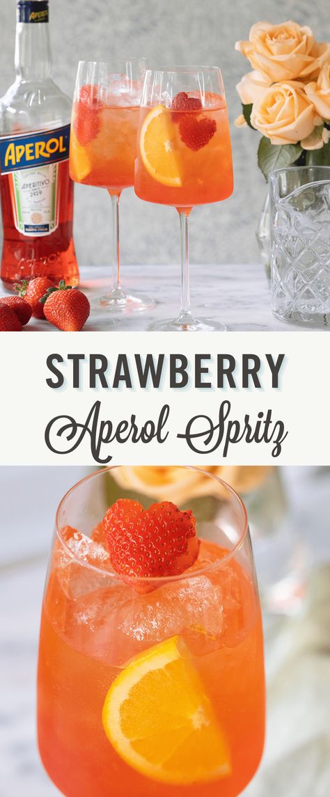 A refreshing strawberry Aperol spritz made with Prosecco and juicy strawberries. It has a fruity flavor and is a fun twist on the classic spritz cocktail. Prosecco Aperol Spritz, Aeporal Spritz Bar, Aperol Spritz Pitcher, Strawberry Prosecco Cocktail, Strawberry Spritzer, Prosecco Cocktails Easy, Aperol Cocktails, Aperol Drinks, Spritz Party