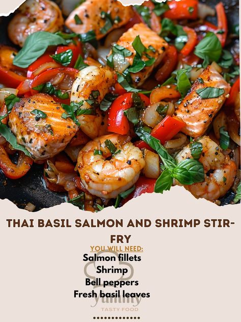 🍃🌶️ Experience the delightful Thai Basil Salmon and Shrimp Stir-Fry! 🍲✨ #ThaiBasilStirFry #AsianFlavors Thai Basil Salmon and Shrimp Stir-Fry Ingredients: Salmon fillets, cubed (1 lb) Shrimp, peeled and deveined (1 lb) Fresh basil leaves (1 cup) Bell peppers, sliced (2) Onion, sliced (1) Garlic, minced (3 cloves) Thai chili, chopped (1) Fish sauce (2 tbsp) Soy sauce (2 tbsp) Lime juice (2 tbsp) Olive oil (2 tbsp) Instructions: Heat olive oil in a pan over medium heat. Sauté garlic, onion,... Basil Salmon, Stir Fry Fish, Prawn Stir Fry, Sweet Chili Shrimp, Stir Fry Ingredients, Salmon And Shrimp, Thai Chili, Shrimp Stir Fry, Thai Basil