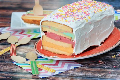 Rainbow Sherbet Ice Cream Cake Sherbet Ice Cream Cake, Rainbow Sherbet Ice Cream, Sherbet Cake, Pineapple Upside Down Cupcakes, Sherbet Ice Cream, Raspberry Sherbet, Creamed Corn Recipes, Lime Sherbet, Rainbow Ice Cream