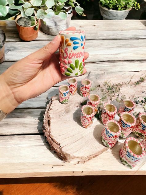 Muted Mexican Theme Party, Custom Shot Glass, Talavera Shot Glasses, Vintage Mexican Wedding Decorations, Pottery Shot Glasses, Talavera Wedding Decor, Shot Glasses Party Favors, Charro Wedding Ideas, Hacienda Wedding Decor