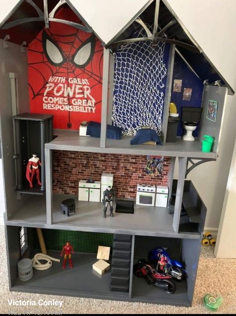 Spiderman Dollhouse, Boys Dolls House Ideas, Boys Doll House, Superhero Dollhouse, Dollhouse For Boys, Avengers House, Spiderman House, Boys Dollhouse, Superhero Lair