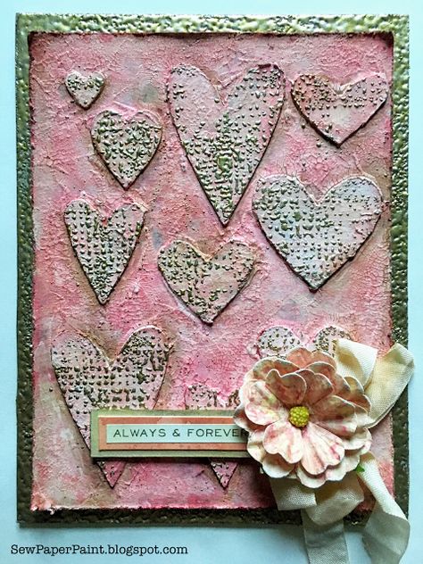 Decoupage Valentines Day, Craft Hearts, Mixed Media Heart Art, Mixed Media Hearts, Mixed Media Valentine Cards, Tim Holtz Faceted Heart, Mixed Media Valentines, Heart Mixed Media, Art Postcards