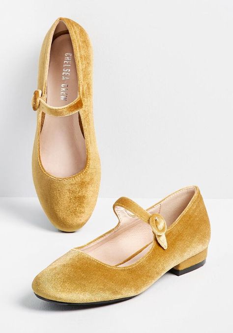 Chelsea Crew Luxe-y One Velvet Mary Jane Flat Mustard Yellow | ModCloth Tall Heels, Yellow Wedding Theme, Vintage Inspired Shoes, Brian Atwood Heels, Trendy Womens Shoes, What Do I Wear, Mod Cloth, Mary Jane Shoes Flat, Giuseppe Zanotti Heels