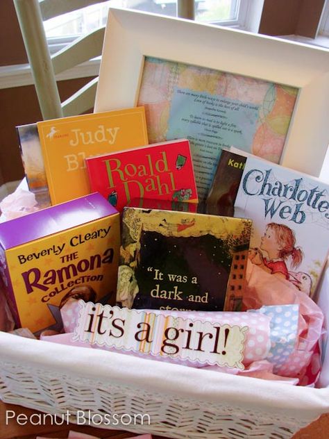 Fantastic baby shower gift: My book club gave us a starter library for our baby girl. Every member added the book that inspired her love of reading to the basket and they included a framed print of reading themed quotes. Click through to see the list of books included! Fantastic Baby, Best Baby Shower Gifts, Shower Bebe, Shower Gifts, The Words, Homemade Gifts, Creative Gifts, Baby Shower Gift, Baby Love