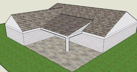 Add on patio to L shaped house L Shape House Exterior, L Shaped Addition Exterior, L Shaped Home Addition, L Shaped Patio Ideas, L Shaped Ranch Exterior Remodel, L Shape Patio Ideas, L Shaped Homes Exterior, Roof Addition Ideas, L Shaped Porch