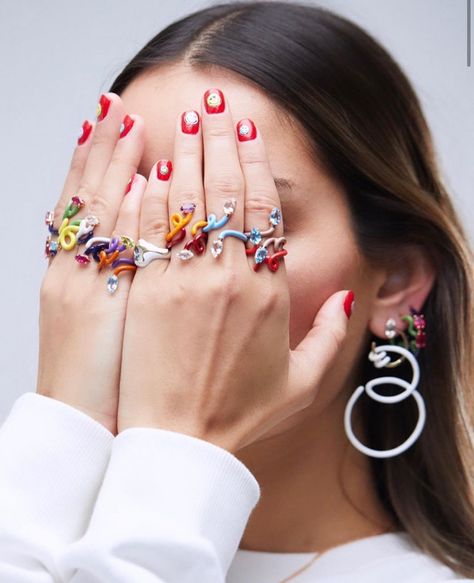 Bea Bongiasca Jewellery on Instagram: “Leave it to @threadsstyling to style the most amount of rings ever in one photo 🎄 More festive than a light up Christmas tree 🎄 Thank you…” Colourful Rings, Bea Bongiasca, Custom Glass, Pear Diamond, Green Enamel, Color Ring, Beauty Trends, White Enamel, Stacking Rings